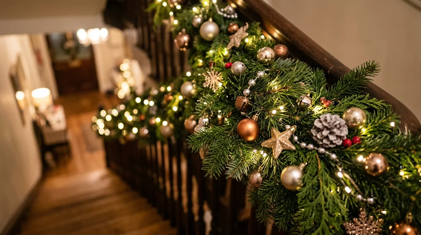 Keep the banister readable instead of overfilled inspiration for a Christmas staircase.